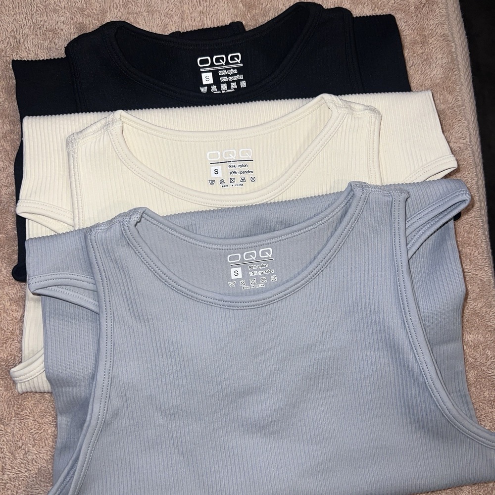 OQQ Ribbed Bodysuits Sz S Crotch Snapped Lot of 3 NWOT Black, Gray & Off-white